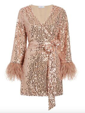 LIKELY Bridges Dress Rose Gold Sequin Feather Cuff Wrap Mini Dress Size 4
